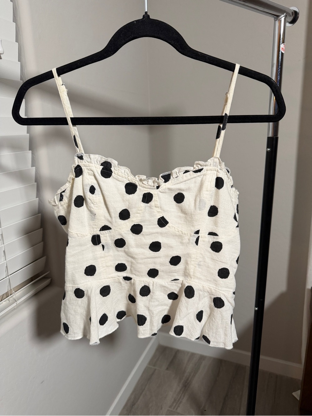 Urban Outfitters White Polka Dot Ruffle Hem Spaghetti Strap Camisole